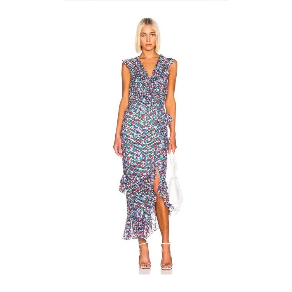 SALONI ANITA Ruffle Silk Maxi Dress Blue Poppyfield Size US 6 Gown Flocked